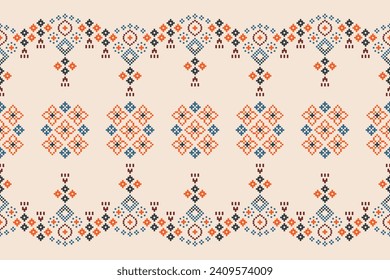 Ethnic geometric fabric pattern Cross Stitch.Ikat embroidery Ethnic oriental Pixel pattern brown cream background. Abstract,vector,illustration. Texture,clothing,frame,motifs,silk wallpaper.