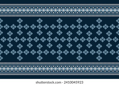 Ethnische geometrische Stoffmuster Cross Stitch.Ikat Stickerei Ethnische orientalische Pixel Muster Muster navy blauer Hintergrund. Abstrakt, Vektorgrafik, Illustration. Textur, Kleidung, Schal, Dekoration, Motive, Seidenhintergrund.