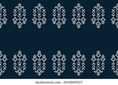 Ethnic geometric fabric pattern Cross Stitch.Ikat embroidery Ethnic oriental Pixel pattern navy blue background. Abstract,vector,illustration. Texture,clothing,scarf,decoration,motifs,silk wallpaper.