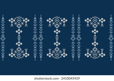 Ethnic geometric fabric pattern Cross Stitch.Ikat embroidery Ethnic oriental Pixel pattern navy blue background. Abstract,vector,illustration. Texture,clothing,scarf,decoration,motifs,silk wallpaper.