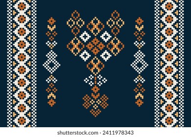 Ethnic geometric fabric pattern Cross Stitch.Ikat embroidery Ethnic oriental Pixel pattern navy blue background. Abstract,vector,illustration. Texture,clothing,scarf,decoration,motifs,silk wallpaper.