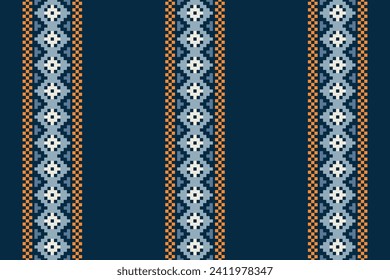 Ethnic geometric fabric pattern Cross Stitch.Ikat embroidery Ethnic oriental Pixel pattern navy blue background. Abstract,vector,illustration. Texture,clothing,scarf,decoration,motifs,silk wallpaper.
