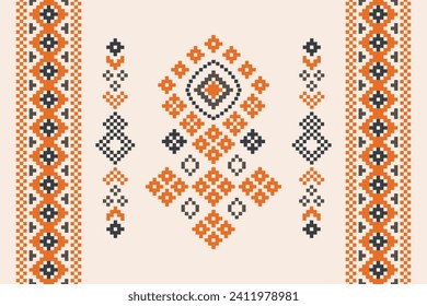 Ethnic geometric fabric pattern Cross Stitch.Ikat embroidery Ethnic oriental Pixel pattern brown cream background. Abstract,vector,illustration. Texture,clothing,frame,motifs,silk wallpaper.