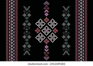 Ethnic geometric fabric pattern Cross Stitch.Ikat embroidery Ethnic oriental Pixel pattern black background. Abstract,vector,illustration. Texture,clothing,frame,decoration,motifs,silk wallpaper.