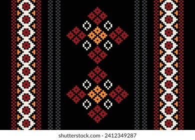 Patrón de tejido geométrico étnico Cross Stitch.Ikat bordado Patrón de Pixel Étnico oriental de fondo negro. Resumen,vector,ilustración. Textura, ropa, marco, decoración, motivos, papel pintado de seda.