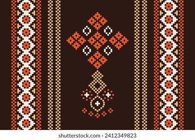 Patrón de tejido geométrico étnico Cross Stitch.Ikat bordado Patrón de Pixel oriental étnico de fondo marrón. Resumen,vector,ilustración. Textura, ropa, pañuelo, decoración, motivos, papel tapiz de seda.