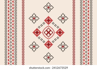 Ethnic geometric fabric pattern Cross Stitch.Ikat embroidery Ethnic oriental Pixel pattern brown cream background. Abstract,vector,illustration. Texture,clothing,frame,motifs,silk wallpaper.