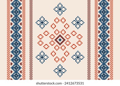 Ethnic geometric fabric pattern Cross Stitch.Ikat embroidery Ethnic oriental Pixel pattern brown cream background. Abstract,vector,illustration. Texture,clothing,frame,motifs,silk wallpaper.