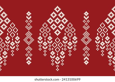 Ethnic geometric fabric pattern Cross Stitch.Ikat embroidery Ethnic oriental Pixel pattern red christmas day background. Abstract,vector,illustration. Texture,frame,decoration,motifs,silk wallpaper.