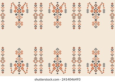 Ethnic geometric fabric pattern Cross Stitch.Ikat embroidery Ethnic oriental Pixel pattern brown cream background. Abstract,vector,illustration. Texture,clothing,frame,motifs,silk wallpaper.