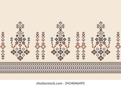 Patrón de tejido geométrico étnico Cross Stitch.Ikat bordado Ethnic Oriental Pixel patrón color crema marrón fondo. Resumen,vector,ilustración. Textura, ropa, marco, motivos, papel tapiz de seda.