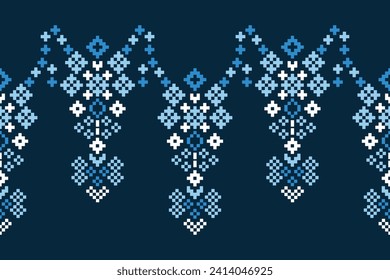 Patrón de tejido geométrico étnico Cross Stitch.Ikat bordado Patrón étnico oriental Pixel patrón azul marino. Resumen,vector,ilustración. Textura, ropa, pañuelo, decoración, motivos, papel tapiz de seda.