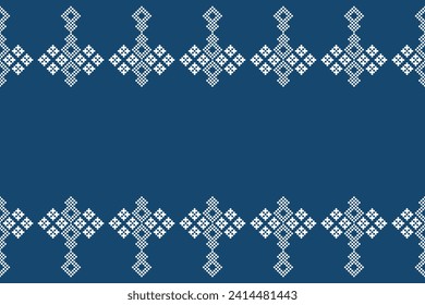Ethnic geometric fabric pattern Cross Stitch.Ikat embroidery Ethnic oriental Pixel pattern navy blue background. Abstract,vector,illustration. Texture,clothing,scarf,decoration,motifs,silk wallpaper.