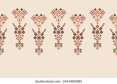 Ethnic geometric fabric pattern Cross Stitch.Ikat embroidery Ethnic oriental Pixel pattern brown cream background. Abstract,vector,illustration. Texture,clothing,frame,motifs,silk wallpaper.
