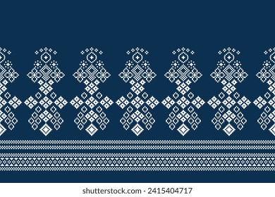 Ethnische geometrische Stoffmuster Cross Stitch.Ikat Stickerei Ethnische orientalische Pixel Muster Muster navy blauer Hintergrund. Abstrakt, Vektorgrafik, Illustration. Textur, Kleidung, Schal, Dekoration, Motive, Seidenhintergrund.