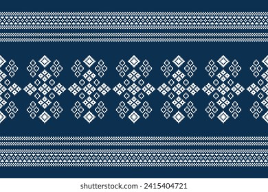 Ethnische geometrische Stoffmuster Cross Stitch.Ikat Stickerei Ethnische orientalische Pixel Muster Muster navy blauer Hintergrund. Abstrakt, Vektorgrafik, Illustration. Textur, Kleidung, Schal, Dekoration, Motive, Seidenhintergrund.