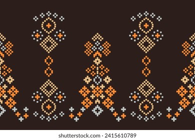 Ethnic geometric fabric pattern Cross Stitch.Ikat embroidery Ethnic oriental Pixel pattern brown background. Abstract,vector,illustration. Texture,clothing,scarf,decoration,motifs,silk wallpaper.