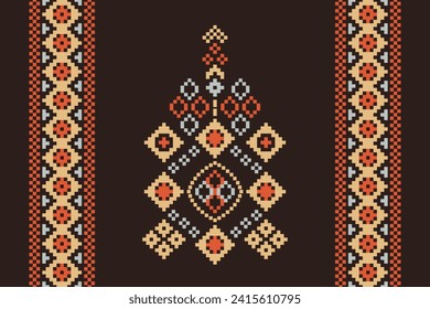Ethnic geometric fabric pattern Cross Stitch.Ikat embroidery Ethnic oriental Pixel pattern brown background. Abstract,vector,illustration. Texture,clothing,scarf,decoration,motifs,silk wallpaper.