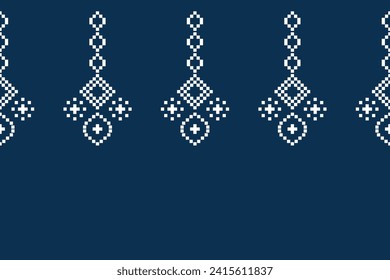 Ethnic geometric fabric pattern Cross Stitch.Ikat embroidery Ethnic oriental Pixel pattern navy blue background. Abstract,vector,illustration. Texture,clothing,scarf,decoration,motifs,silk wallpaper.
