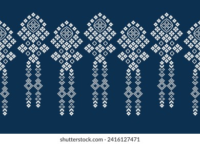 Patrón de tejido geométrico étnico Cross Stitch.Ikat bordado Patrón étnico oriental Pixel patrón azul marino. Resumen,vector,ilustración. Textura, ropa, pañuelo, decoración, motivos, papel tapiz de seda.