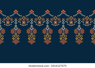 Patrón de tejido geométrico étnico Cross Stitch.Ikat bordado Patrón étnico oriental Pixel patrón azul marino. Resumen,vector,ilustración. Textura, ropa, pañuelo, decoración, motivos, papel tapiz de seda.