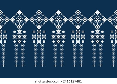 Ethnic geometric fabric pattern Cross Stitch.Ikat embroidery Ethnic oriental Pixel pattern navy blue background. Abstract,vector,illustration. Texture,clothing,scarf,decoration,motifs,silk wallpaper.