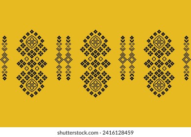 Ethnic geometric fabric pattern Cross Stitch.Ikat embroidery Ethnic oriental Pixel pattern yellow background. Abstract,vector,illustration. Texture,clothing,scarf,decoration,motifs,silk wallpaper.