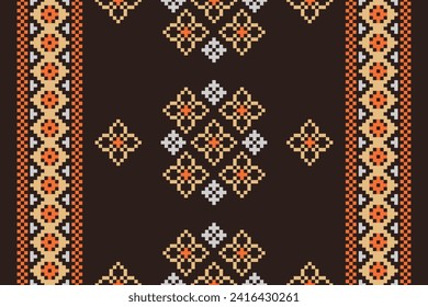 Ethnic geometric fabric pattern Cross Stitch.Ikat embroidery Ethnic oriental Pixel pattern brown background. Abstract,vector,illustration. Texture,clothing,scarf,decoration,motifs,silk wallpaper.