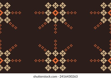 Ethnische geometrische Stoffmuster Cross Stitch.Ikat Stickerei Ethnische orientalische Pixel Muster brauner Hintergrund. Abstrakt, Vektorgrafik, Illustration. Textur, Kleidung, Schal, Dekoration, Motive, Seidenhintergrund.