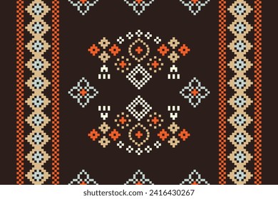 Patrón de tejido geométrico étnico Cross Stitch.Ikat bordado Patrón de Pixel oriental étnico de fondo marrón. Resumen,vector,ilustración. Textura, ropa, pañuelo, decoración, motivos, papel tapiz de seda.