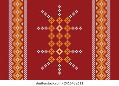 Patrón de tejido geométrico étnico Cross Stitch.Ikat bordado Étnica oriental Pixel patrón navideño color rojo. Resumen,vector,ilustración. Textura, marco, decoración, motivos, papel pintado de seda.