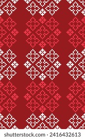 Patrón de tejido geométrico étnico Cross Stitch.Ikat bordado Étnica oriental Pixel patrón navideño color rojo. Resumen,vector,ilustración. Textura, marco, decoración, motivos, papel pintado de seda.