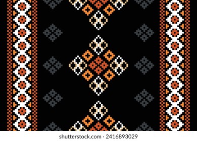 Ethnic geometric fabric pattern Cross Stitch.Ikat embroidery Ethnic oriental Pixel pattern black background. Abstract,vector,illustration. Texture,clothing,frame,decoration,motifs,silk wallpaper.