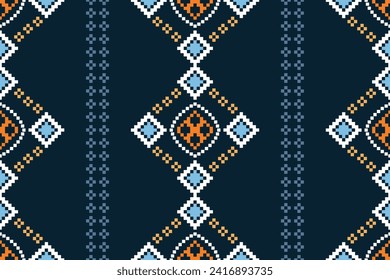 Ethnic geometric fabric pattern Cross Stitch.Ikat embroidery Ethnic oriental Pixel pattern navy blue background. Abstract,vector,illustration. Texture,clothing,scarf,decoration,motifs,silk wallpaper.