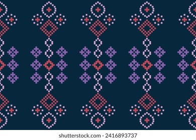 Ethnic geometric fabric pattern Cross Stitch.Ikat embroidery Ethnic oriental Pixel pattern navy blue background. Abstract,vector,illustration. Texture,clothing,scarf,decoration,motifs,silk wallpaper.