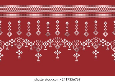 Ethnic geometric fabric pattern Cross Stitch.Ikat embroidery Ethnic oriental Pixel pattern christmas red background. Abstract,vector,illustration. Texture,frame,decoration,motifs,silk wallpaper.