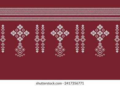 Ethnic geometric fabric pattern Cross Stitch.Ikat embroidery Ethnic oriental Pixel pattern christmas red background. Abstract,vector,illustration. Texture,frame,decoration,motifs,silk wallpaper.