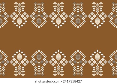 Ethnic geometric fabric pattern Cross Stitch.Ikat embroidery Ethnic oriental Pixel pattern brown background. Abstract,vector,illustration. Texture,clothing,scarf,decoration,motifs,silk wallpaper.