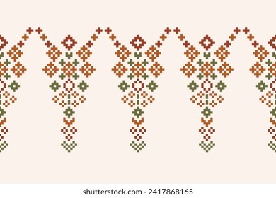 Ethnic geometric fabric pattern Cross Stitch.Ikat embroidery Ethnic oriental Pixel pattern brown cream background. Abstract,vector,illustration. Texture,clothing,frame,motifs,silk wallpaper.