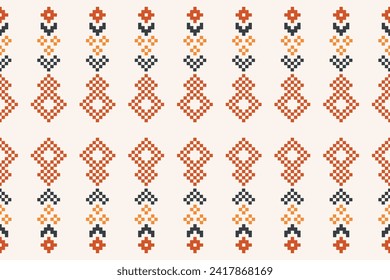 Patrón de tejido geométrico étnico Cross Stitch.Ikat bordado Ethnic Oriental Pixel patrón color crema marrón fondo. Resumen,vector,ilustración. Textura, ropa, marco, motivos, papel tapiz de seda.