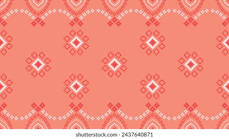 Ethnic geometric fabric pattern Cross Stitch.Ikat embroidery Ethnic oriental Pixel pattern rose pink gold background. Abstract,vector,illustration. Texture,clothing,scarf,decoration,silk wallpaper.