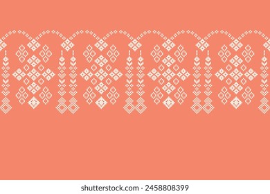 Patrón de tela geométrica étnica Cross Stitch.Ikat bordado Étnico oriental Pixel patrón de oro rosa de fondo. Abstractas,Vector,ilustración. Textura, vestimenta, bufanda, decoración, Fondo de pantalla de seda.