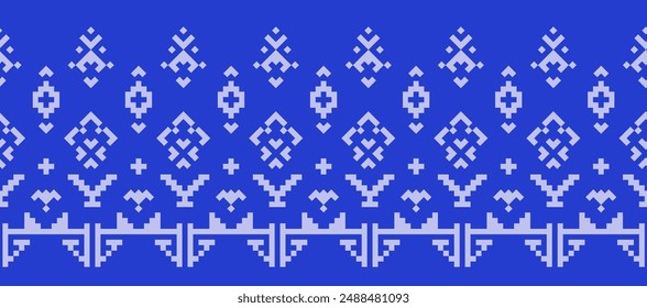 Ethnic geometric fabric pattern Cross Stitch.Ikat embroidery Ethnic oriental Pixel pattern light blue on dark blue background. Abstract,vector,illustration. Texture,clothing,scarf,decoration,motifs,si