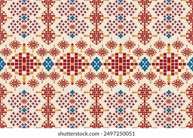 Ethnic geometric fabric pattern Cross Stitch, Pixel art Abstract ethnic Pattern for carpet clothing,fabric,background,wallpaper,wrapping,batik,Knitwear, Embroidery style. Vector illustration.