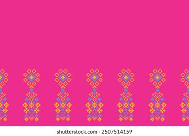Ethnic geometric fabric pattern Cross Stitch.Embroidery Ethnic oriental Pixel pattern colorful pink background. Abstract,vector,illustration. Texture,clothing,scarf,decoration,silk wallpaper.