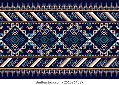 Patrón de tela geométrica étnica Cross Stitch.Ikat bordado Étnico 
Pixel oriental patrón de fondo azul. Abstractas, Vector, ilustración.

