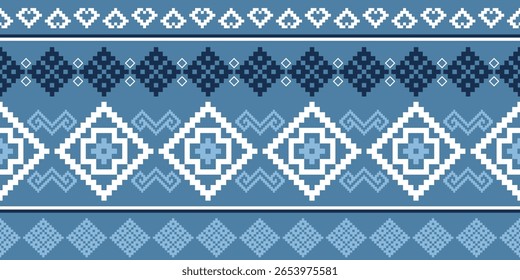 Padrão de tecido geométrico étnico Cross Stitch. Ikat bordado Etnia oriental Pixel padrão azul fundo. Resumo, vetor, ilustração. Para textura, roupas, embalagem, decoração, tapete