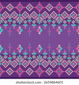 Patrón de tela geométrica étnica Cross Stitch. Fondo colorido del patrón del píxel oriental étnico del bordado de Ikat. Abstractas, Vector, ilustración. Para la textura, ropa, envoltura, decoración, alfombra
