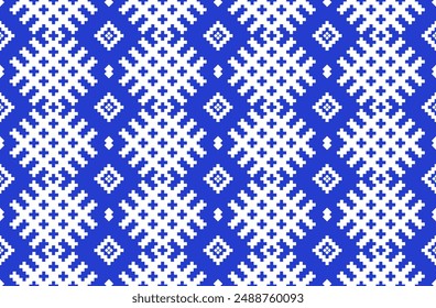 Ethnic geometric fabric pixel pattern cross Stitch. Ikat embroidery in white on blue background. Abstract vector illustration for Textile ,clothing, scarf, motifs, silk and etc.