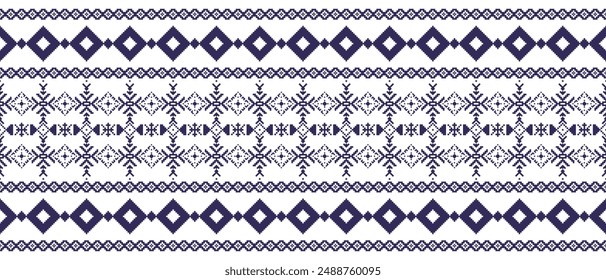 Ethnic geometric fabric pixel pattern cross Stitch. Ikat embroidery in deep purple on white background. Abstract vector illustration for Textile ,clothing, scarf, motifs, silk and etc.